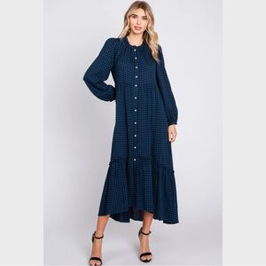 Navy Blue Gingham Midi Dress